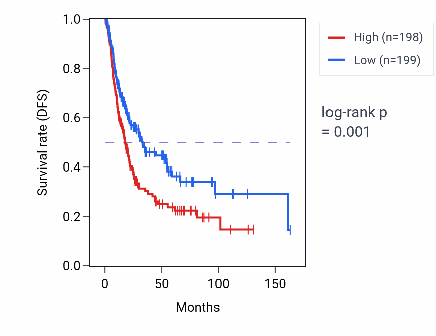 Kaplan&ndash;Meier survival curve for Oocyte construction pathway activity in BLCA: high vs low activity groups.