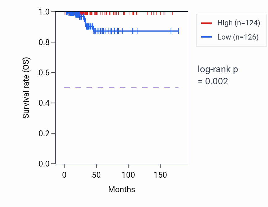 Kaplan&ndash;Meier survival curve for Blastoderm segmentation pathway activity in THCA: high vs low activity groups.