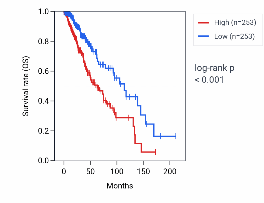 Kaplan&ndash;Meier survival curve for Neuroblast proliferation pathway activity in LGG: high vs low activity groups.