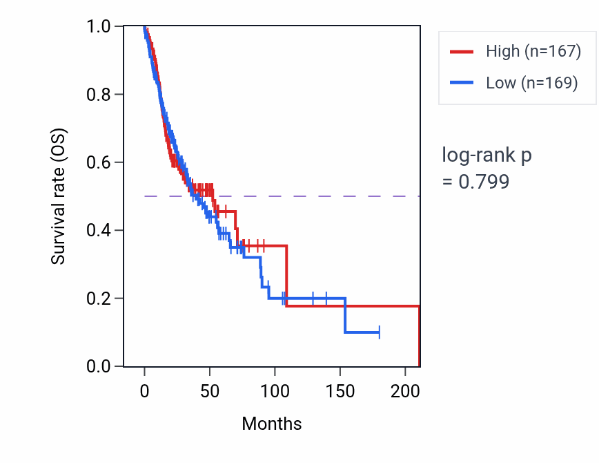 Kaplan&ndash;Meier survival curve for Myoblast fusion pathway activity in HNSC: high vs low activity groups.