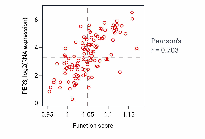 Per-sample scatter of Rhythmic behavior activity vs PER3 in THYM.