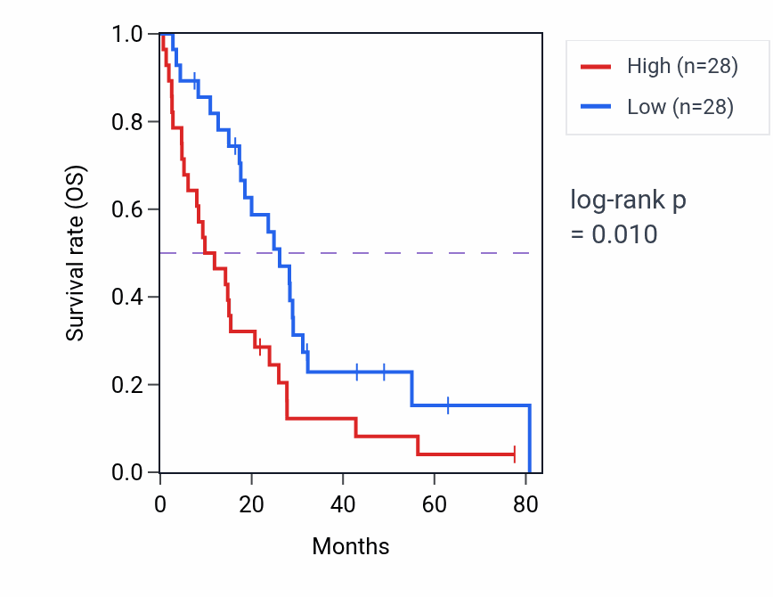 Kaplan&ndash;Meier survival curve for Pyrimidine-containing compound salvage pathway activity in MESO: high vs low activity groups.