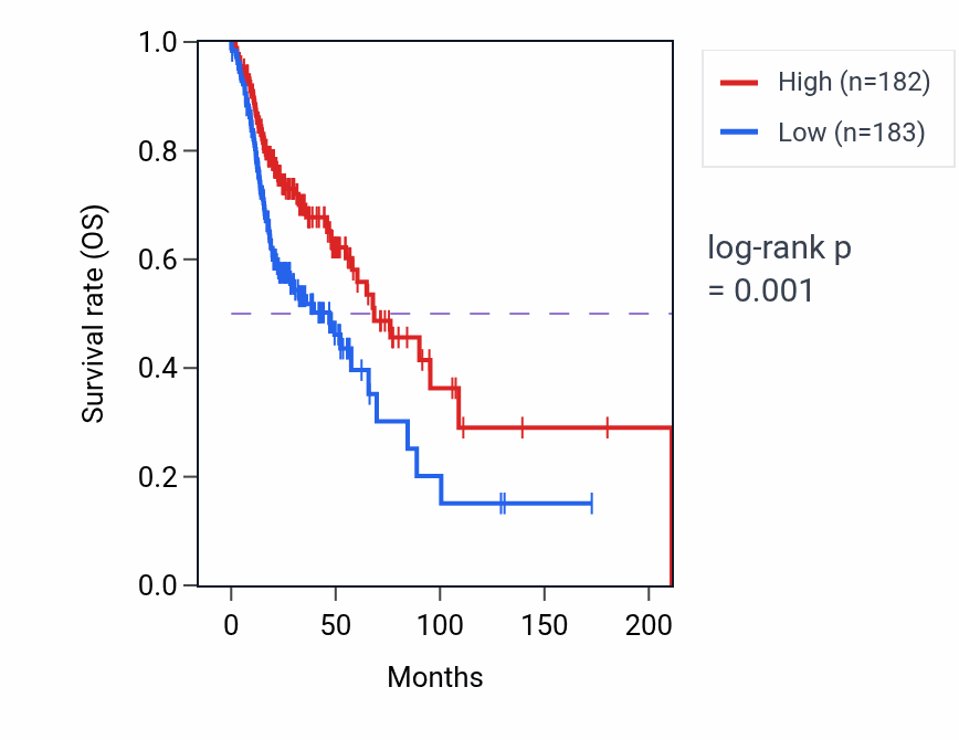 Kaplan&ndash;Meier survival curve for mRNA transcription pathway activity in HNSC: high vs low activity groups.