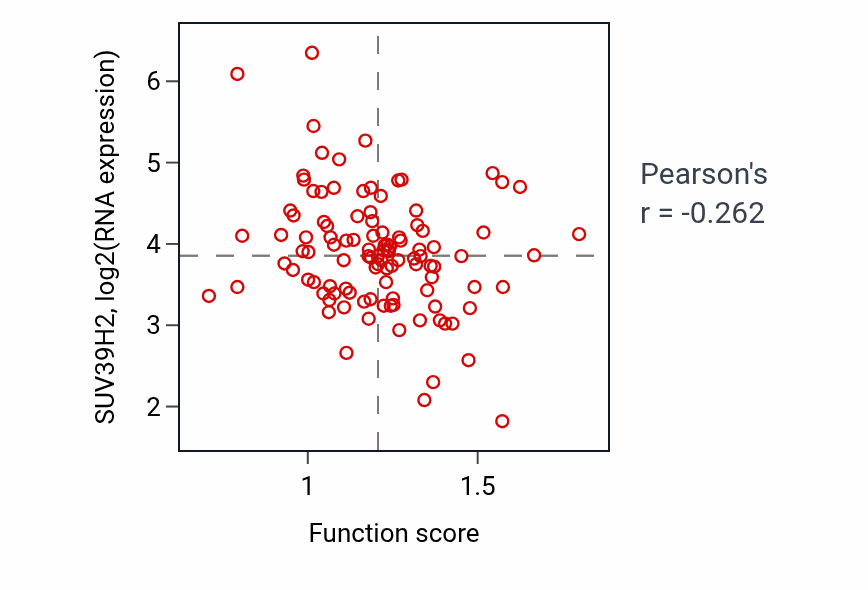 Per-sample scatter of Amine metabolic process activity vs SUV39H2 in LSCC.