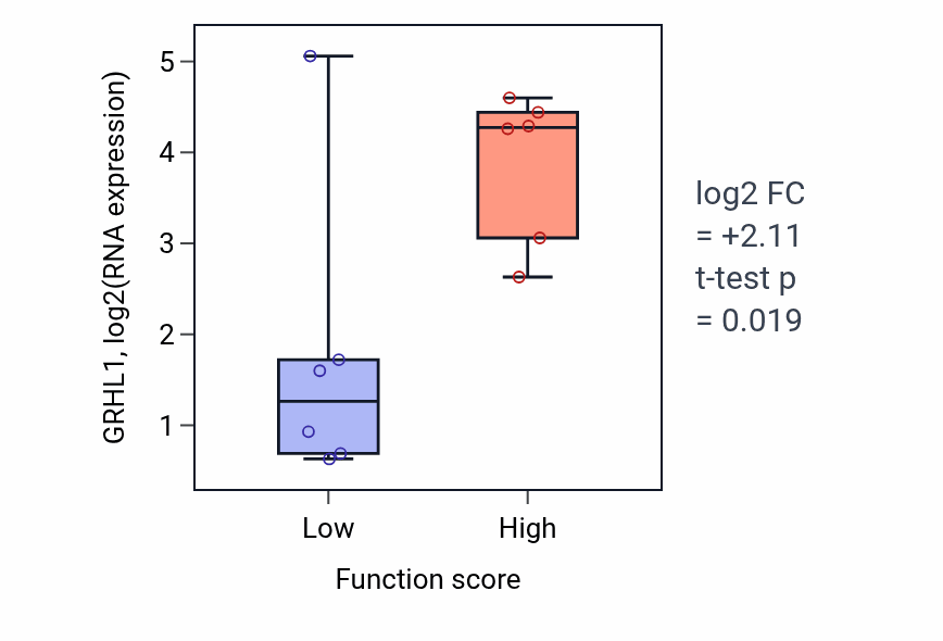 Box plot of GRHL1 in Amine catabolic process-low vs -high samples in URINARY_TRACT.