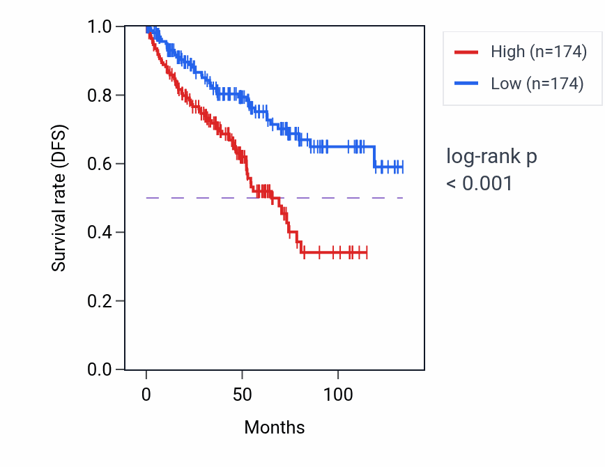 Kaplan&ndash;Meier survival curve for RNA modification pathway activity in KIRC: high vs low activity groups.