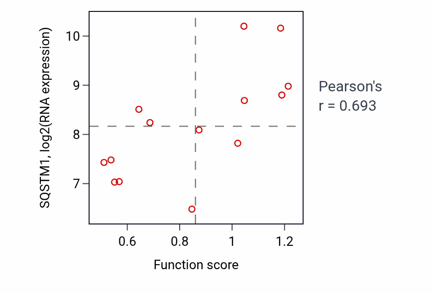 Per-sample scatter of Response to iron ion activity vs SQSTM1 in LIVER.