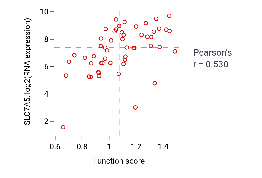 Per-sample scatter of Vascular transport activity vs SLC7A5 in LUNG_NSCLC_LUAD.