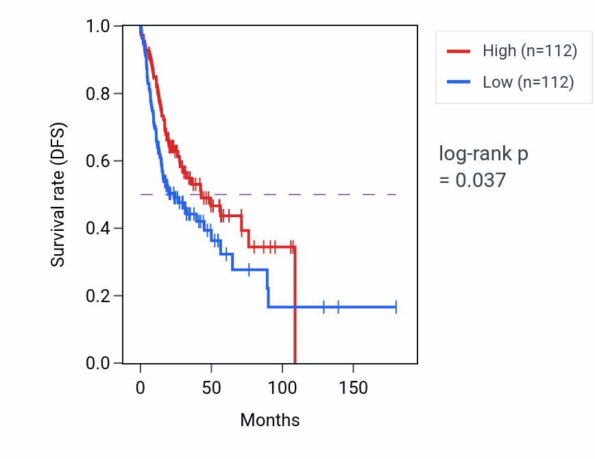 Kaplan&ndash;Meier survival curve for Muscle cell apoptotic process pathway activity in HNSC: high vs low activity groups.