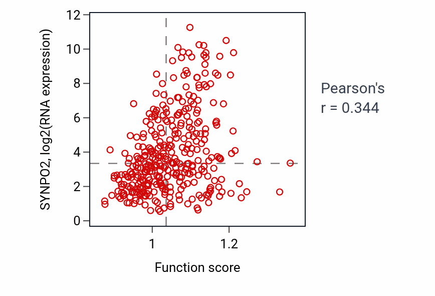 Per-sample scatter of Striated muscle cell apoptotic process activity vs SYNPO2 in STAD.