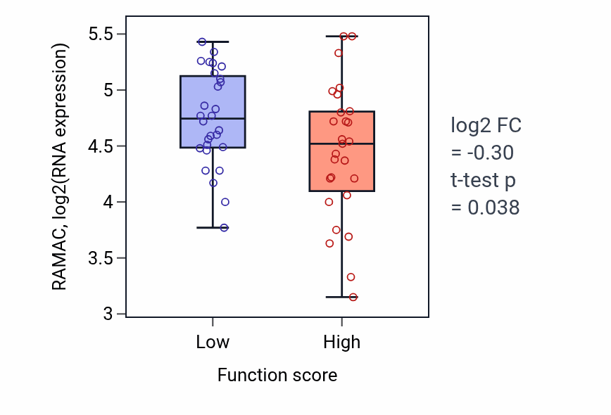 Box plot of RAMAC in Epithelial structure maintenance-low vs -high samples in BREAST.