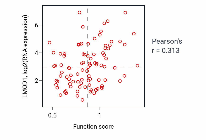 Per-sample scatter of Regulation of glucose transmembrane transport activity vs LMOD1 in UCEC.