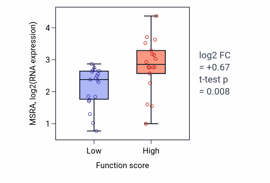 Box plot of MSRA in Positive regulation of sequestering of triglyceride-low vs -high samples in LUNG_NSCLC_LUAD.