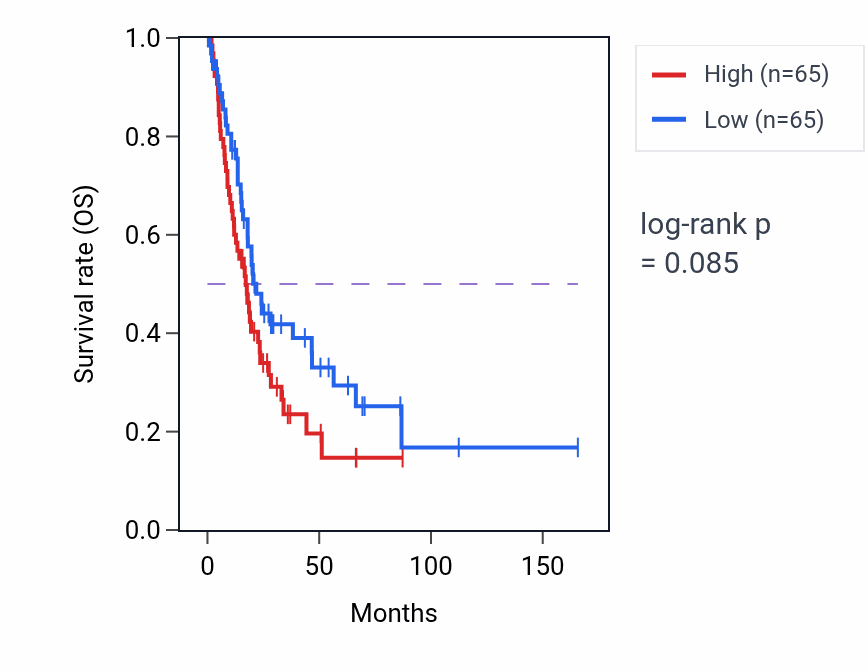 Kaplan&ndash;Meier survival curve for Mesenchymal cell development pathway activity in BLCA: high vs low activity groups.