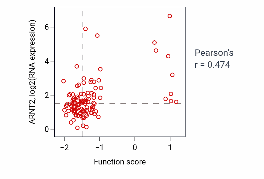 Per-sample scatter of Regulation of neuron maturation activity vs ARNT2 in HNSC.