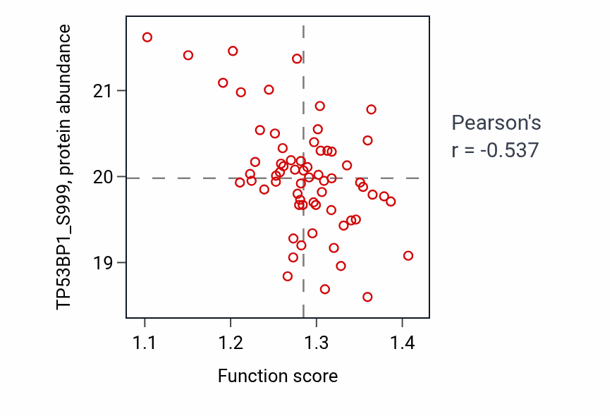 Per-sample scatter of Negative regulation of muscle hypertrophy activity vs TP53BP1_S999 in LSCC.
