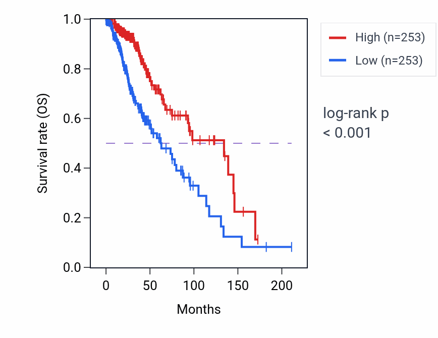 Kaplan&ndash;Meier survival curve for Regulation of skeletal muscle contraction pathway activity in LGG: high vs low activity groups.