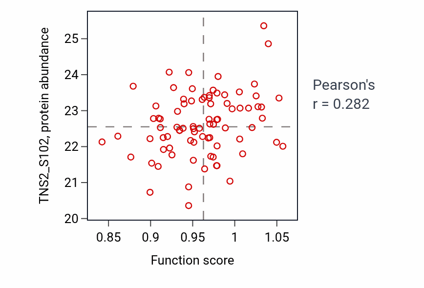 Per-sample scatter of Muscle hypertrophy activity vs TNS2_S102 in OV.
