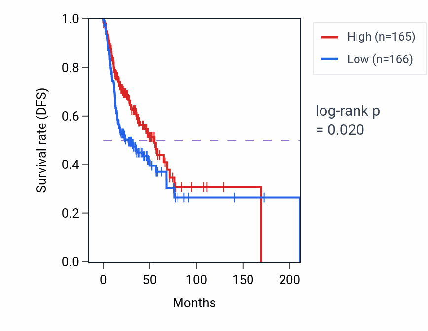 Kaplan&ndash;Meier survival curve for Muscle hypertrophy pathway activity in HNSC: high vs low activity groups.