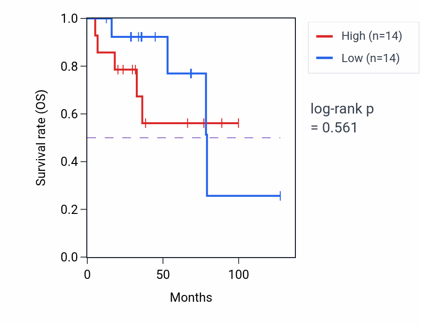 Kaplan&ndash;Meier survival curve for Carbon dioxide transport pathway activity in ACC: high vs low activity groups.