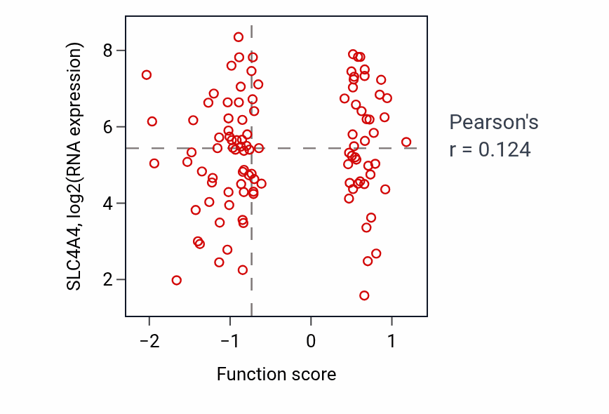 Per-sample scatter of Inorganic anion transport activity vs SLC4A4 in PDAC.