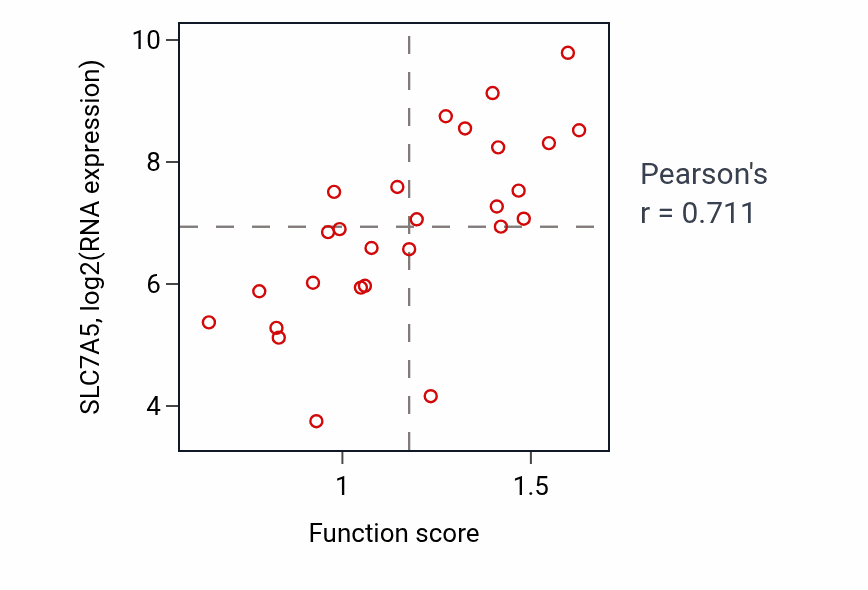 Per-sample scatter of Basic amino acid transport activity vs SLC7A5 in PANCREAS.