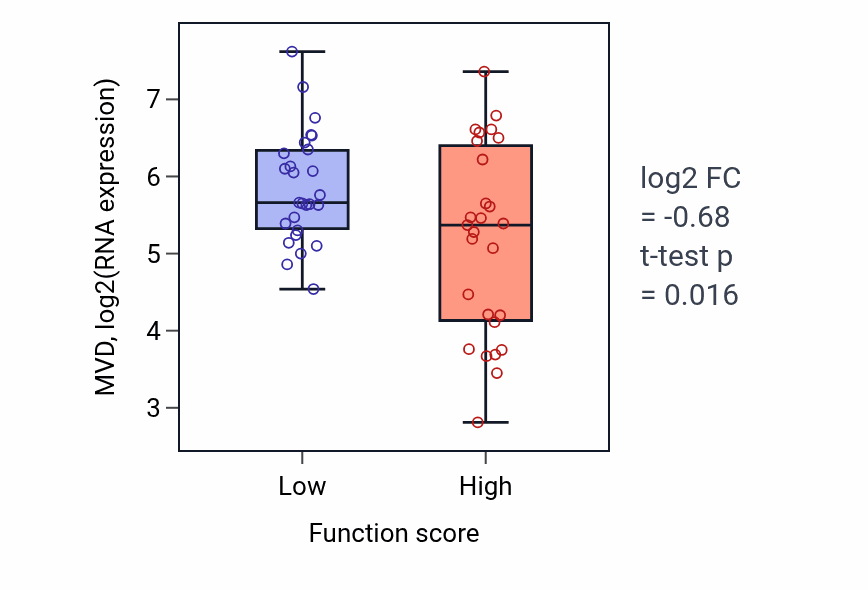 Box plot of MVD in L-cystine transport-low vs -high samples in BREAST.