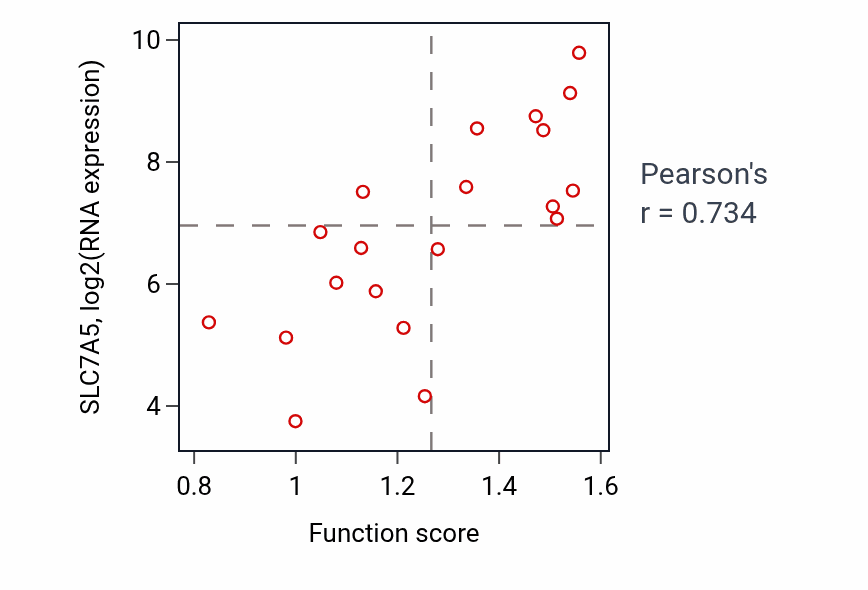 Per-sample scatter of L-leucine transport activity vs SLC7A5 in PANCREAS.