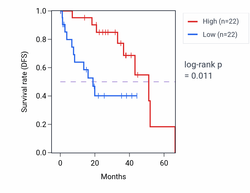 Kaplan&ndash;Meier survival curve for L-leucine transport pathway activity in UVM: high vs low activity groups.