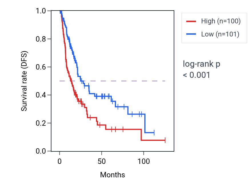 Kaplan&ndash;Meier survival curve for Ornithine transport pathway activity in BLCA: high vs low activity groups.