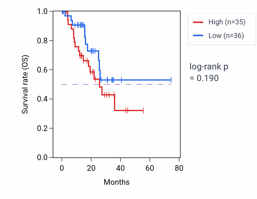Kaplan&ndash;Meier survival curve for Amine transport pathway activity in STAD: high vs low activity groups.
