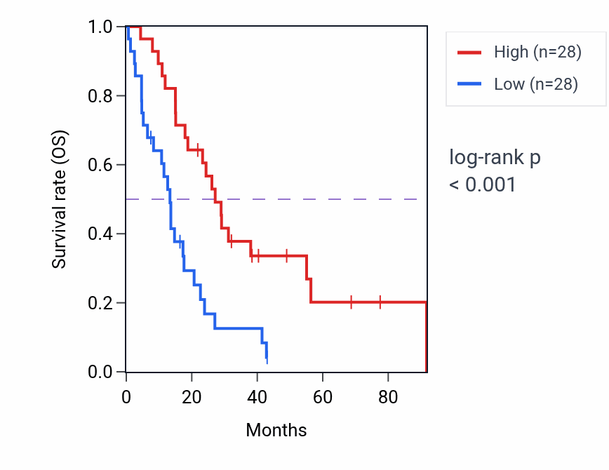 Kaplan&ndash;Meier survival curve for Nucleobase transport pathway activity in MESO: high vs low activity groups.