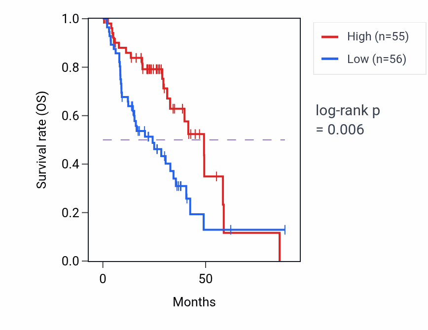 Kaplan&ndash;Meier survival curve for ATP transport pathway activity in LUAD: high vs low activity groups.