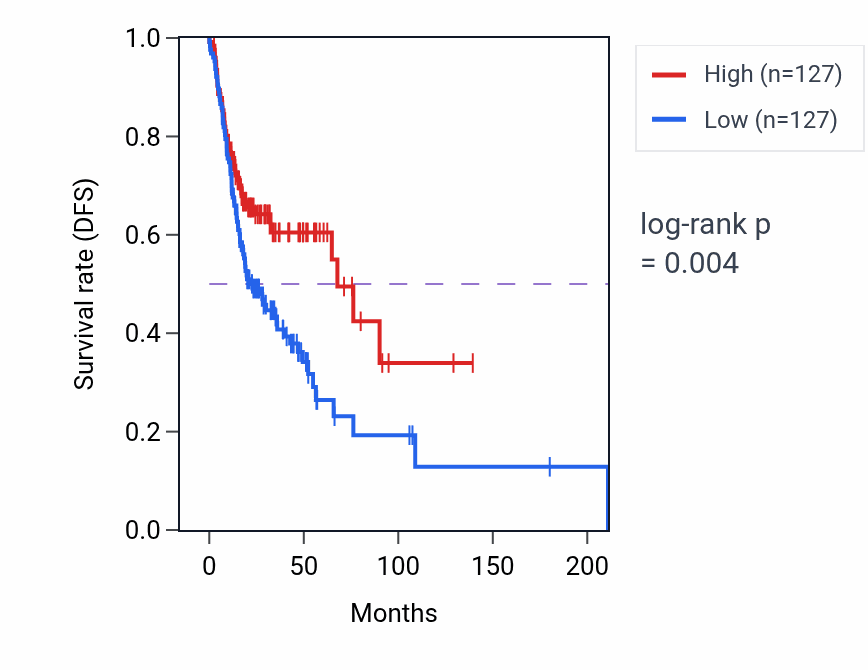 Kaplan&ndash;Meier survival curve for Folic acid transport pathway activity in HNSC: high vs low activity groups.