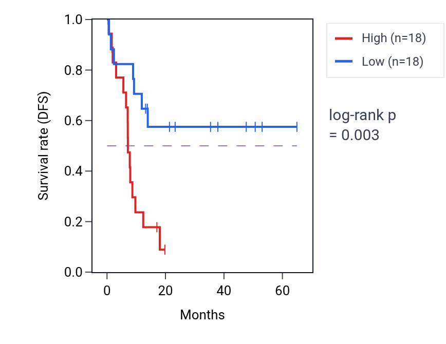 Kaplan&ndash;Meier survival curve for Synaptic vesicle exocytosis pathway activity in CHOL: high vs low activity groups.