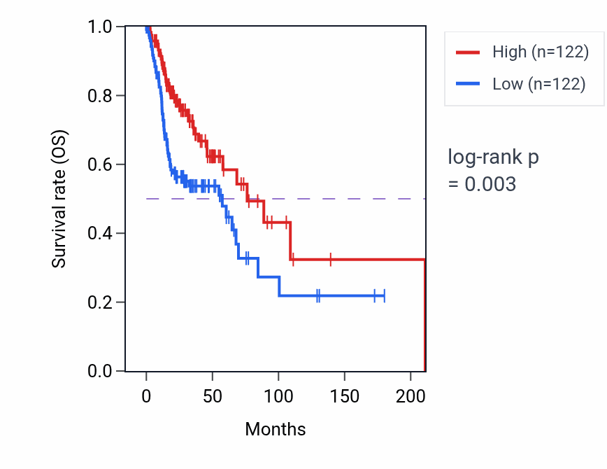 Kaplan&ndash;Meier survival curve for Telomere capping pathway activity in HNSC: high vs low activity groups.