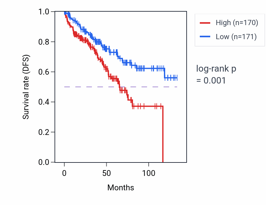 Kaplan&ndash;Meier survival curve for mRNA modification pathway activity in KIRC: high vs low activity groups.
