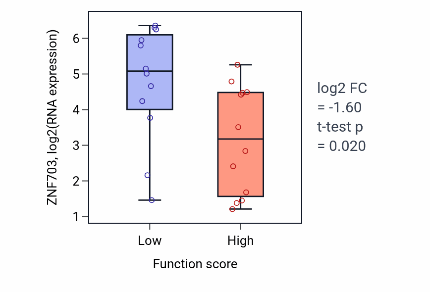 Box plot of ZNF703 in Cyclooxygenase pathway-low vs -high samples in STOMACH.