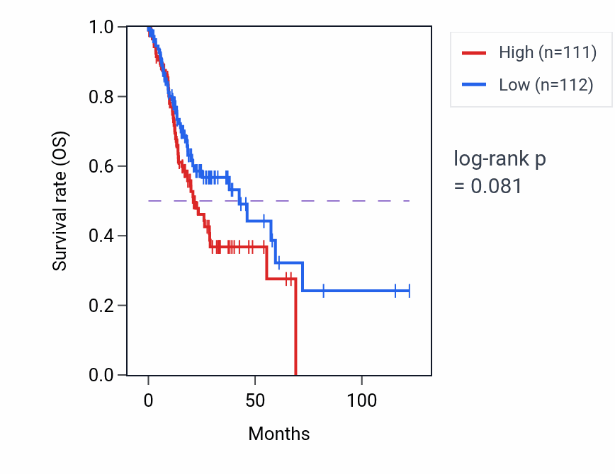 Kaplan&ndash;Meier survival curve for Triglyceride catabolic process pathway activity in STAD: high vs low activity groups.