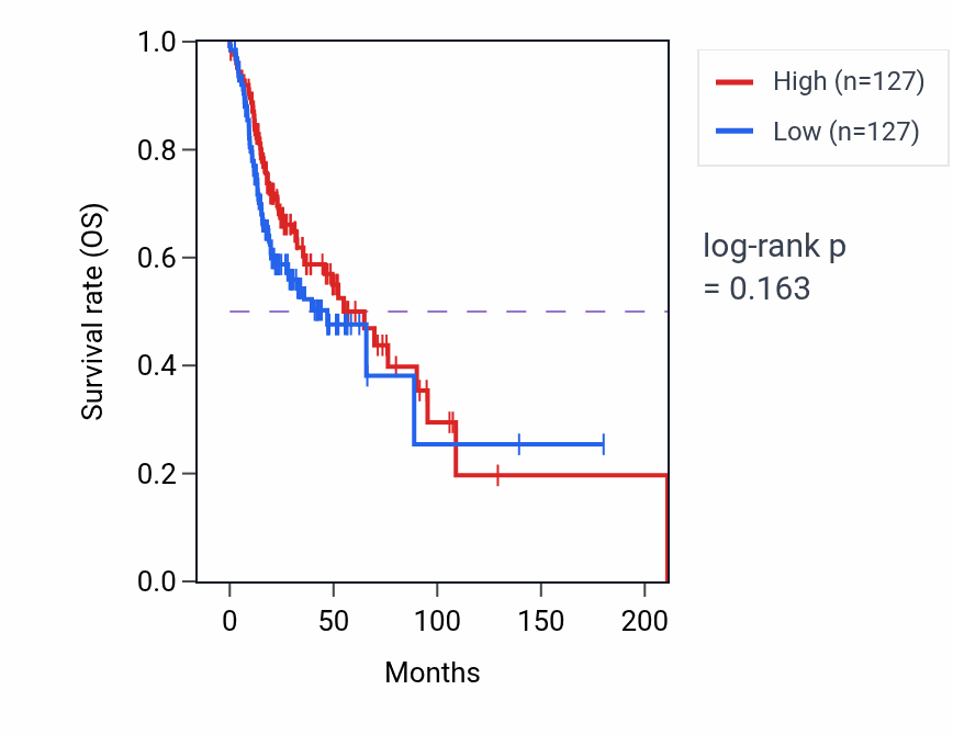 Kaplan&ndash;Meier survival curve for Pallium development pathway activity in HNSC: high vs low activity groups.