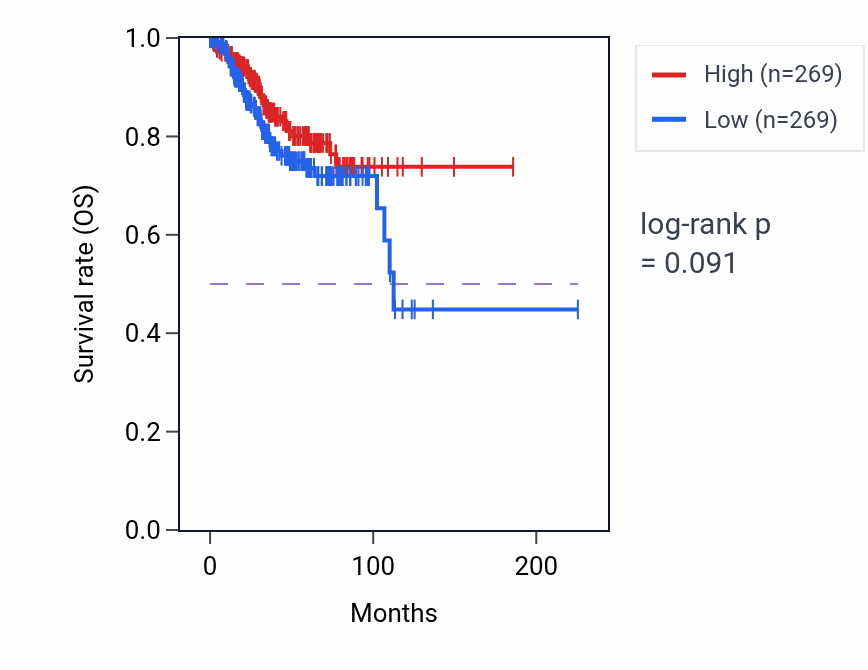 Kaplan&ndash;Meier survival curve for Cerebellar granular layer formation pathway activity in UCEC: high vs low activity groups.