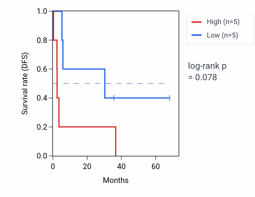Kaplan&ndash;Meier survival curve for Cerebral cortex tangential migration pathway activity in ACC: high vs low activity groups.