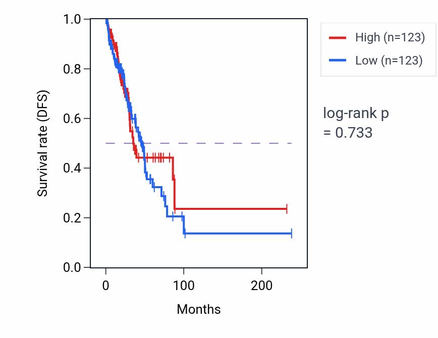 Kaplan&ndash;Meier survival curve for Layer formation in cerebral cortex pathway activity in LUAD: high vs low activity groups.