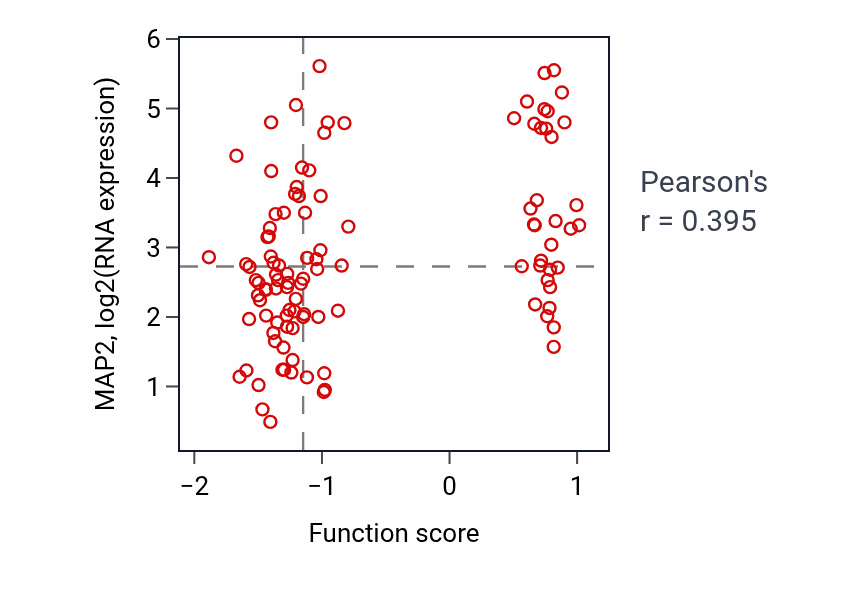 Per-sample scatter of Central nervous system neuron development activity vs MAP2 in HNSC.