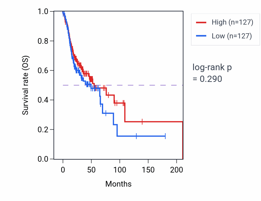Kaplan&ndash;Meier survival curve for Metencephalon development pathway activity in HNSC: high vs low activity groups.