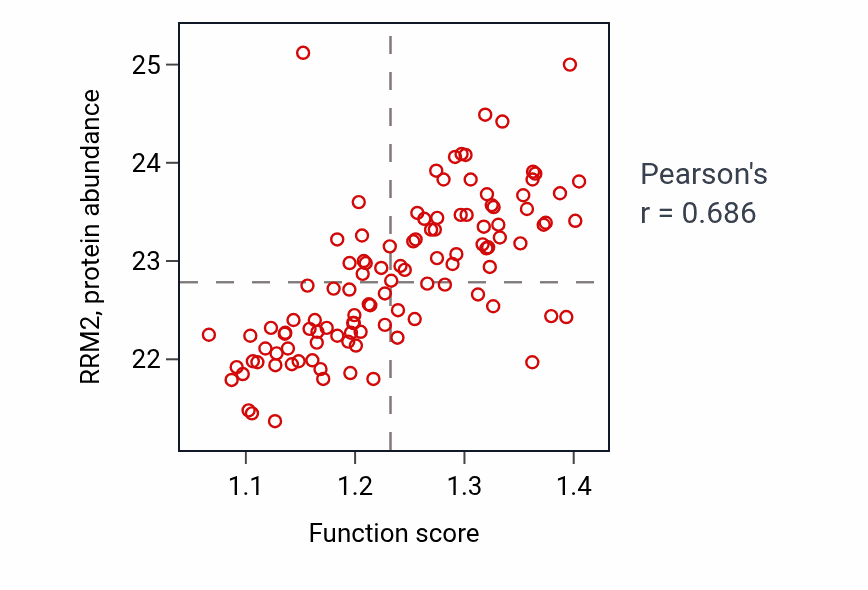 Per-sample scatter of DNA strand elongation activity vs RRM2 in LUAD.