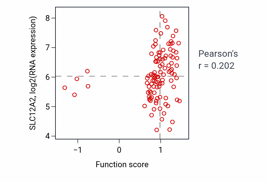 Per-sample scatter of Intracellular potassium ion homeostasis activity vs SLC12A2 in PDAC.