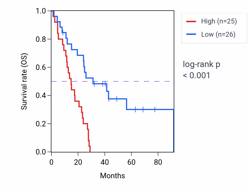 Kaplan&ndash;Meier survival curve for Collagen fibril organization pathway activity in MESO: high vs low activity groups.