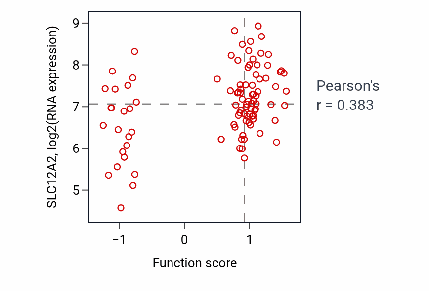 Per-sample scatter of Transepithelial chloride transport activity vs SLC12A2 in COAD.