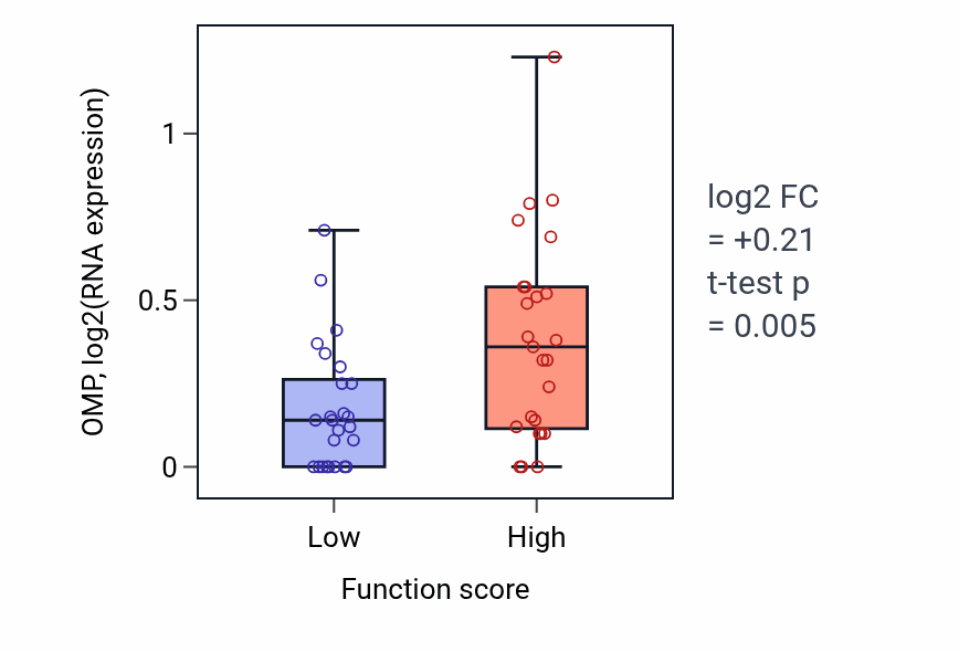 Box plot of OMP in siRNA processing-low vs -high samples in CNS.